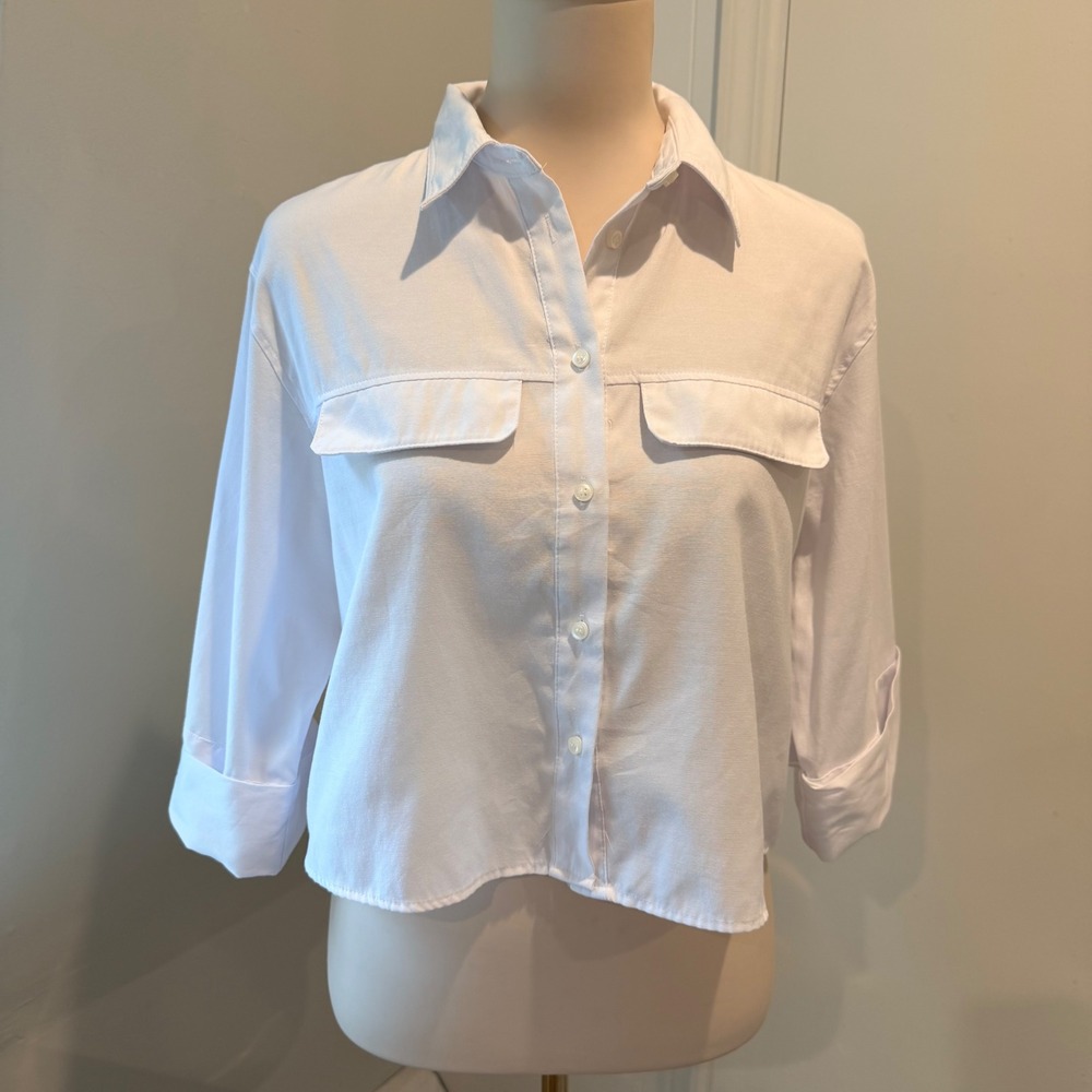 Zara White Cropped Utility Button Down Shirt Modern Minimalist | Size S